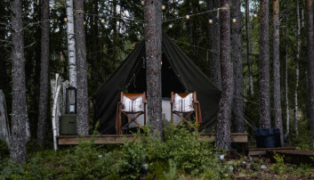 GLAMPING: Nede ved skogstjernet har Bakke plassert en platting med et gammelt militærtelt. Her sover han godt på myk dobbeltseng med fuglekvitter utenfor. Foto: Jil Yngland / NTB GLAMPING: Nede ved skogstjernet har Bakke plassert en platting med et gammelt militærtelt. Her sover han godt på myk dobbeltseng med fuglekvitter utenfor. Foto: Jil Yngland / NTB