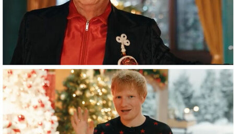 I en herlig etterligning av plakatscenen i «Love Actually» meldte Elton John og Ed Sheeran at de vil kaste seg inn i kappløpet om å lage årets bestselgende julelåt i Storbritannia, et kappløp som filmens fans vil dra kjensel på. Skjermdump / Twitter