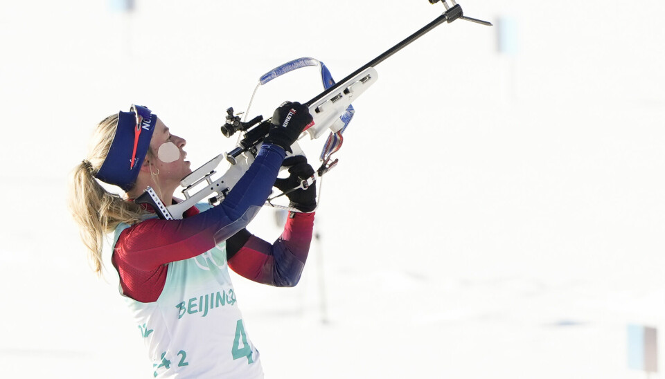 Zhangjiakou, Kina 20220216. Tiril Eckhoff under stafett skiskyting 4x6 km i Zhangjiakou under vinter-OL i Beijing 2022.Foto: Heiko Junge / NTB