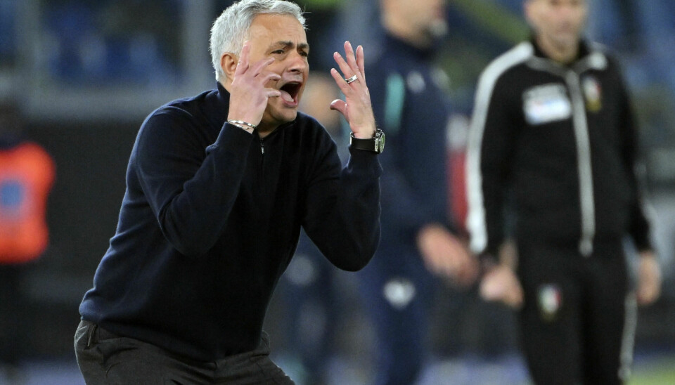 Roma coach Jose Mourinho reacts during the Serie A soccer match between Roma and Hellas Verona at Rome's Olympic stadium, Saturday, Feb. 19, 2022. (Alfredo Falcone/LaPresse via AP)