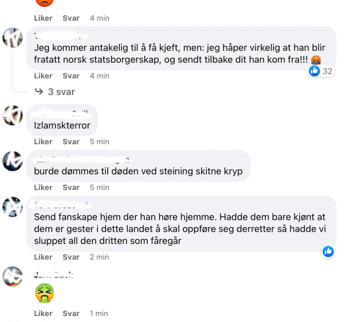 Faksimile fra Nettavisens kommentarfelt på Facebook. Og her tar Nettav isen bort de verste hatytringene. Faksimile fra Nettavisens kommentarfelt på Facebook. Og her tar Nettav isen bort de verste hatytringene.