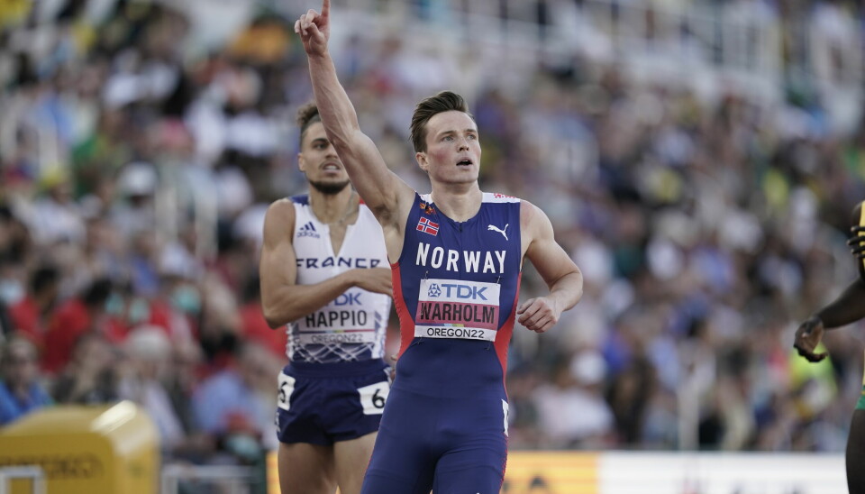 Karsten Warholm under semifinalen i 400m hekk under VM i friidrett 2022 på Hayward Field i Eugene, Oregon.