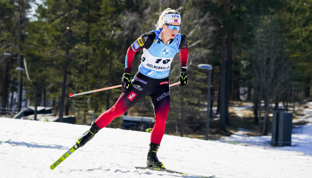 Tiril Eckhoff fra Norge under 12,5km fellesstart for kvinner under verdenscupen i skiskyting i Holmenkollen. Belastningen under og etter sesongen har vært for tøff og hun dropper nå flere samlinger fremover for å komme seg.