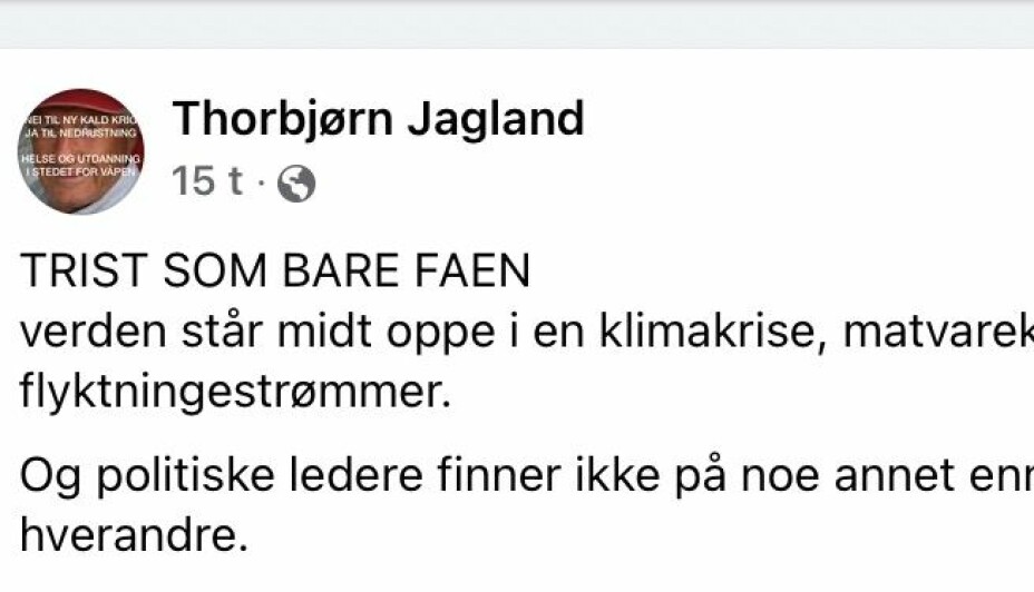 Torbjørn Jaglands Facebook-tekst i dag.