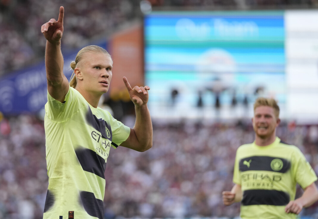 Manchester City's Erling Haaland jubler etter sitt annet mål og som matchvinner mot WestHam Manchester City's Erling Haaland jubler etter sitt annet mål og som matchvinner mot WestHam