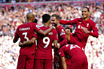 Liverpool's Roberto Firmino feirer etter det syvende målet for Liverpool. Liverpool's Roberto Firmino feirer etter det syvende målet for Liverpool.