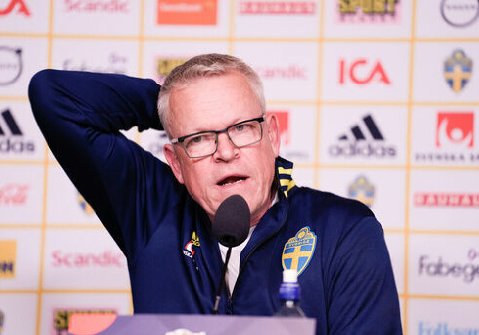 Sveriges landslagssjef Janne Andersson på en pressekonferanse før en kamp mot Norge i juni. Foto: Javad Parsa / NTB